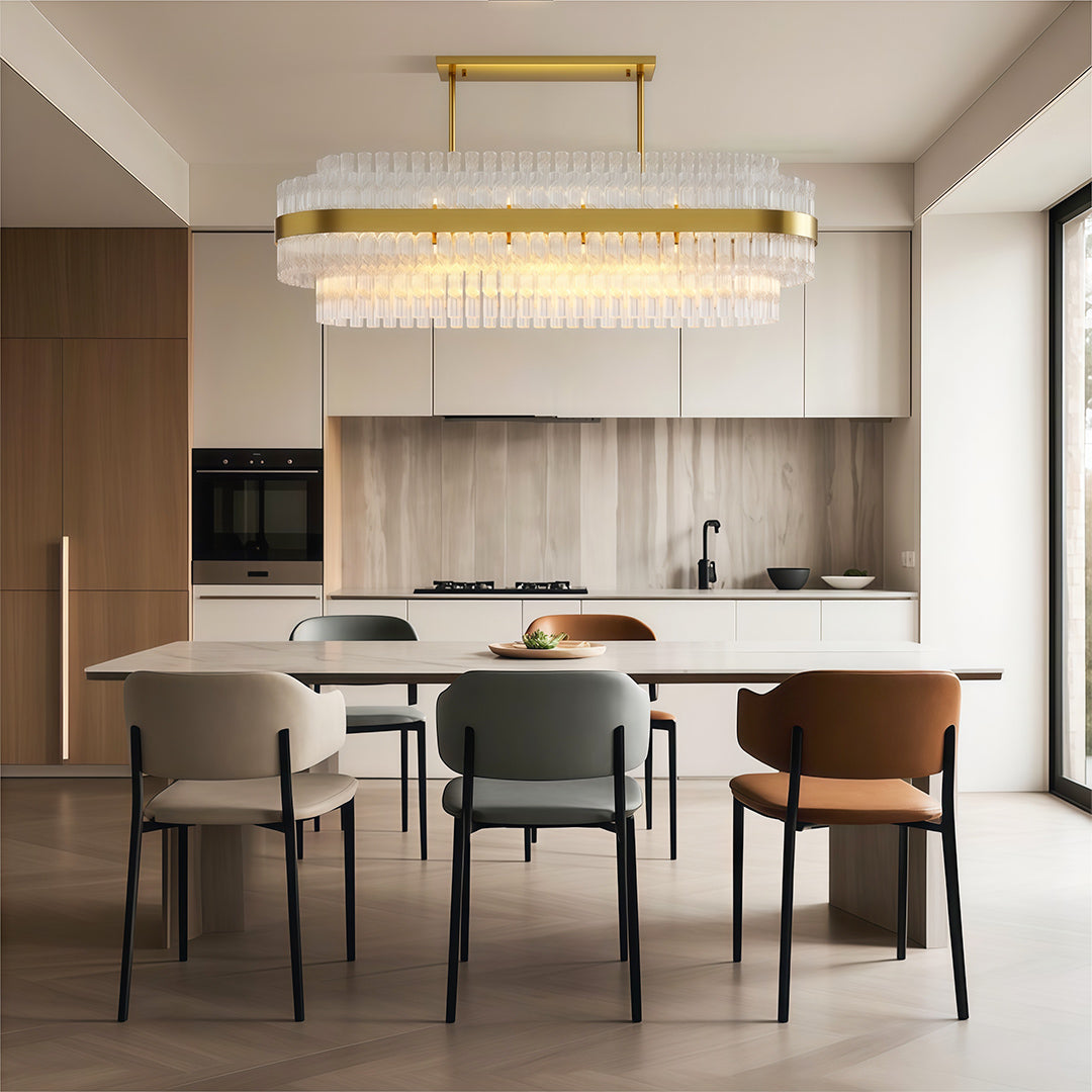Hermione glass rod chandelier in an elegant dining area beside a sleek kitchen