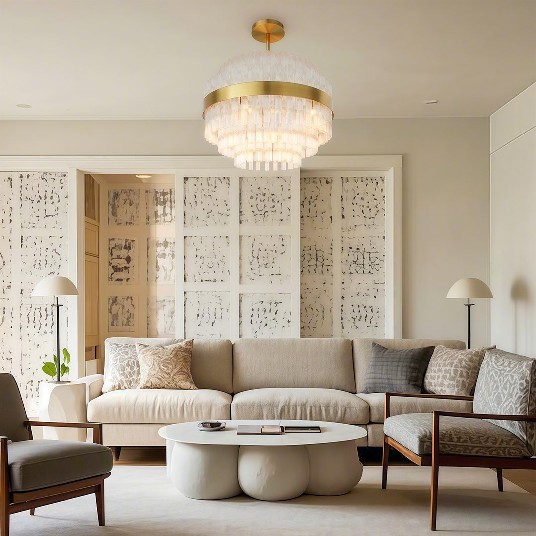 Hermione glass rod chandelier hanging in an elegant living room