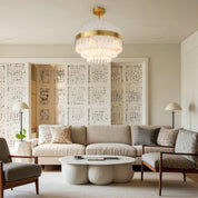 Hermione glass rod chandelier hanging in an elegant living room
