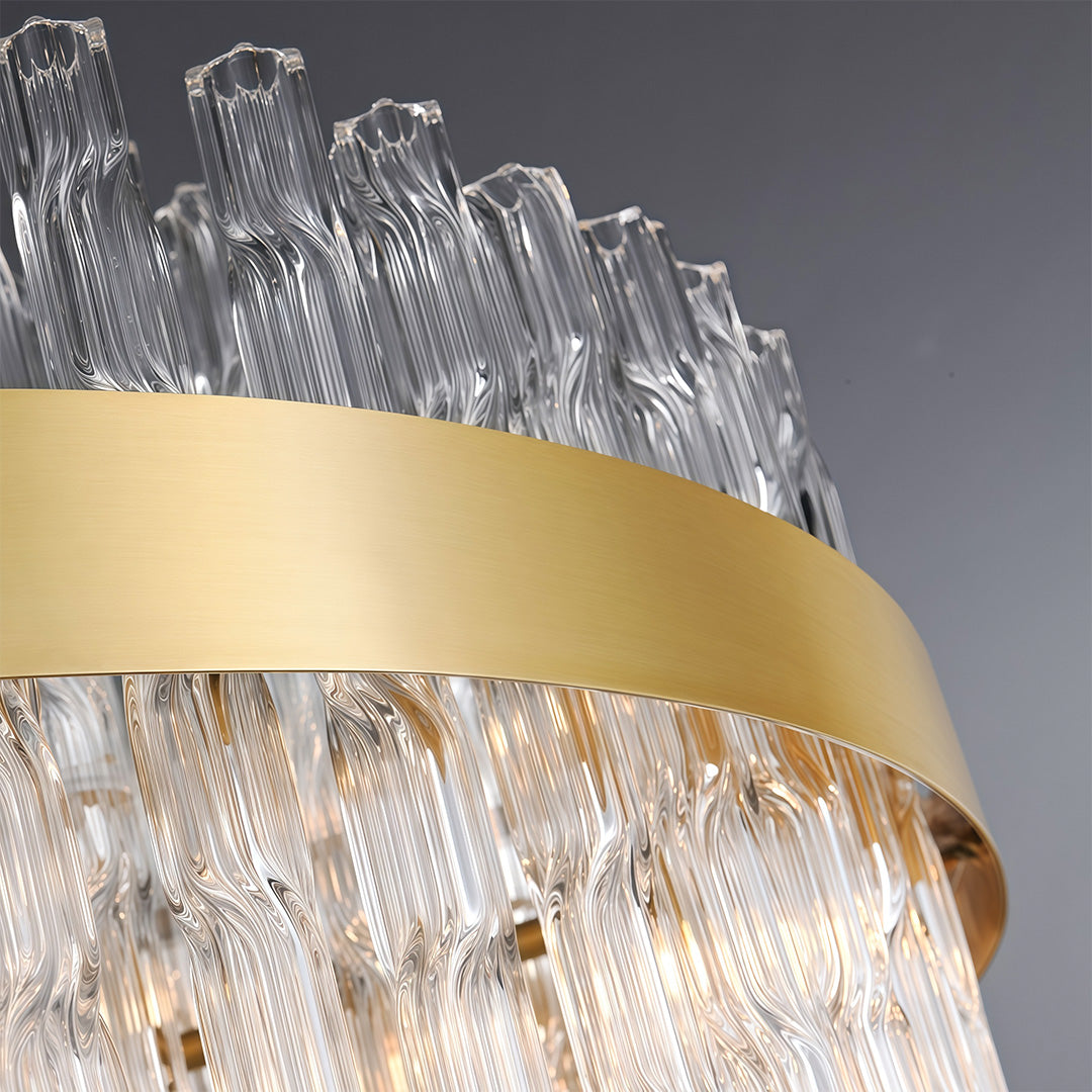 Hermione chandelier detail view, clear glass rods seated in the metal band