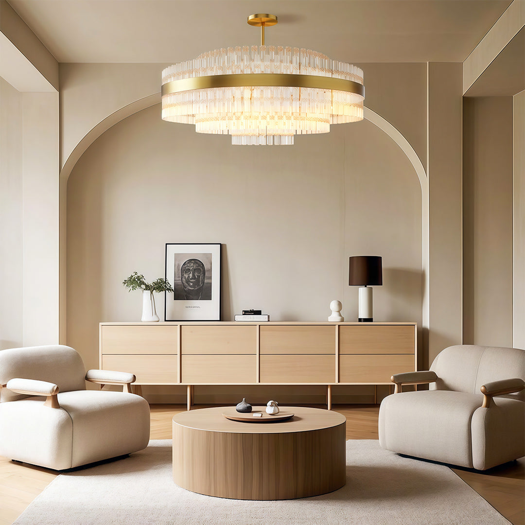Hermione glass rod chandelier in an open concept living and dining space