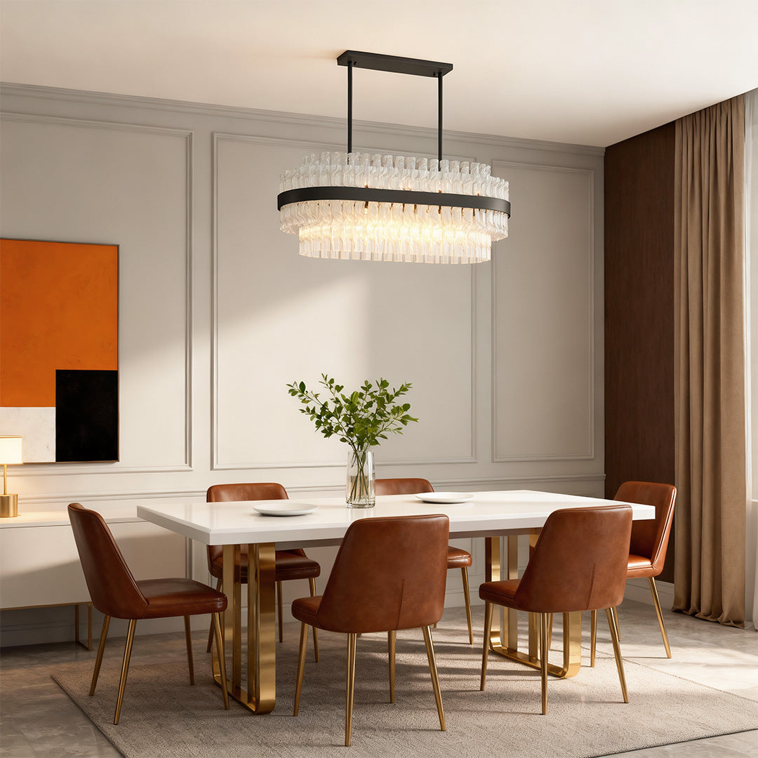 Hermione glass rod chandelier in a warm dining room with contemporary furniture