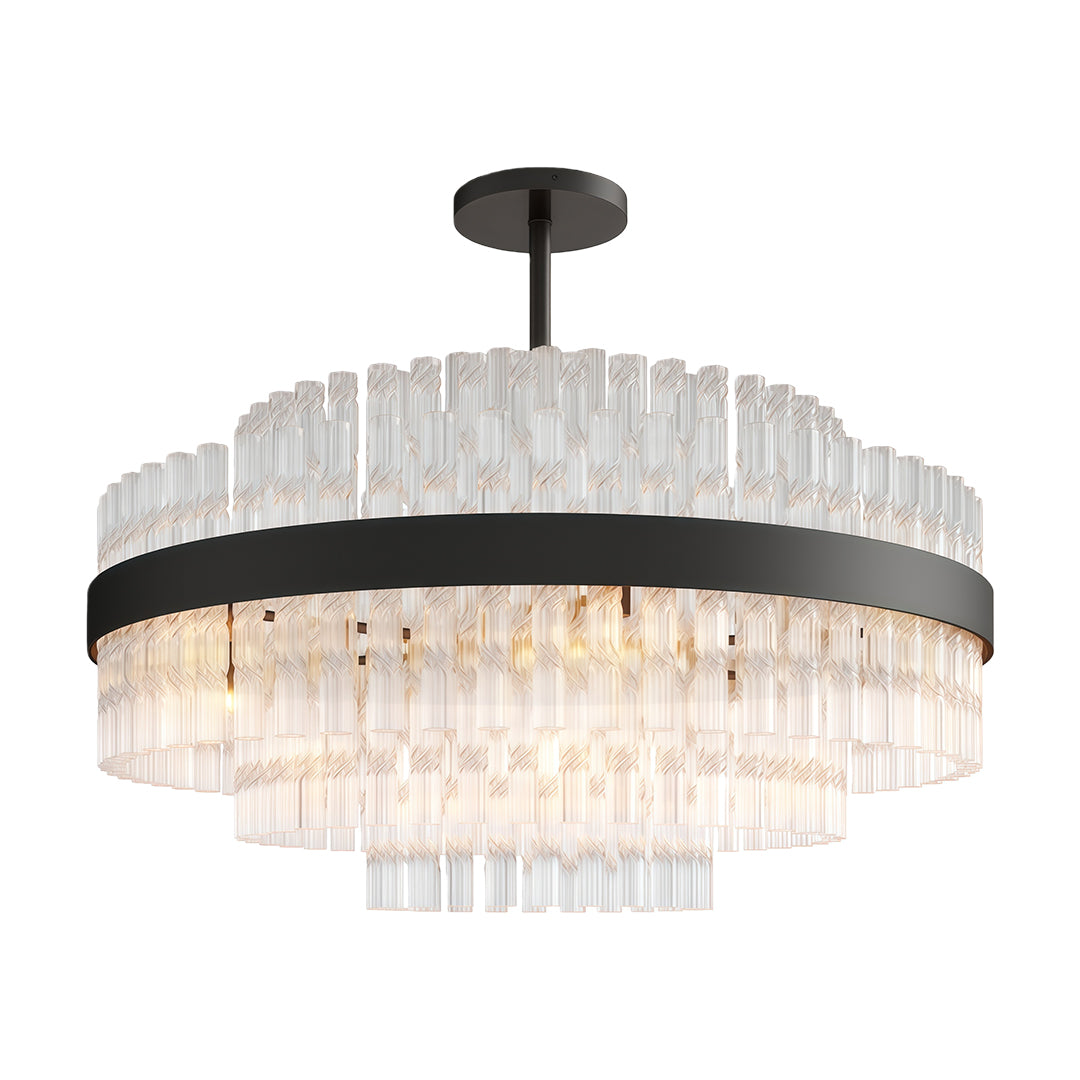 Hermione chandelier in black, clear glass rods radiating from the metal band