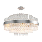 Hermione chandelier, geometric arrangement of clear glass rods in stepped rows