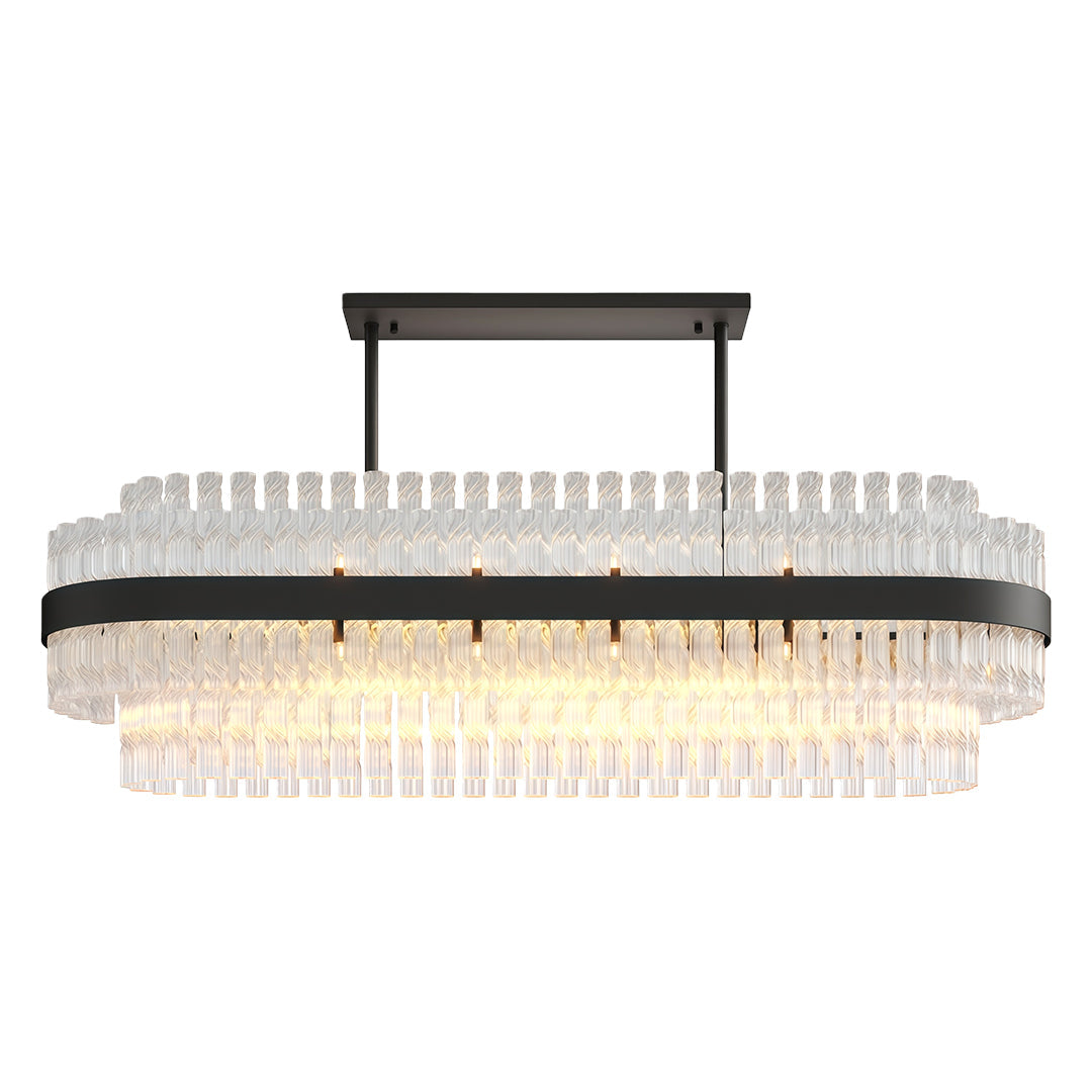 Hermione chandelier in black, rectangular frame with rows of clear glass rods