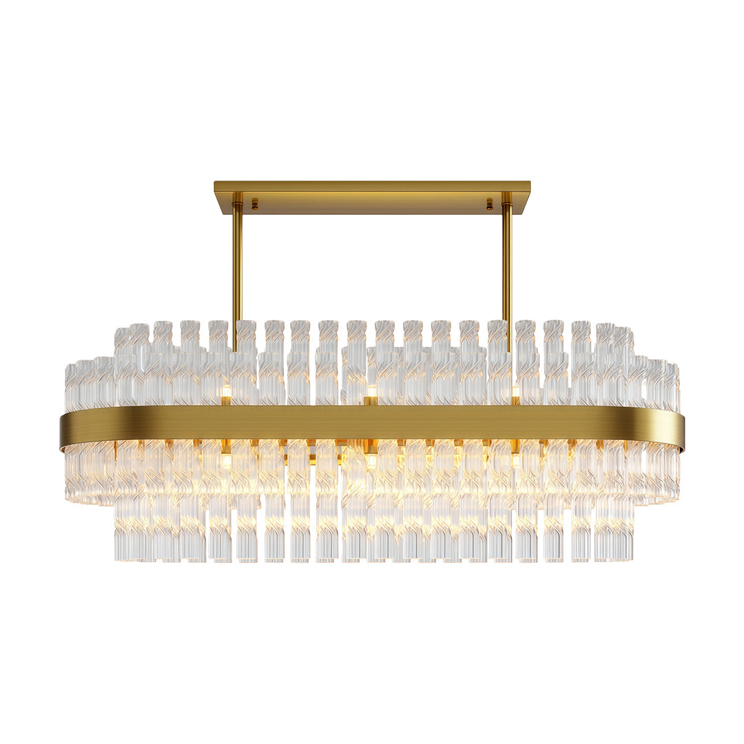 Hermione chandelier in a rectangular linear form, vertical clear glass rods above and below the band