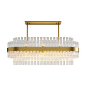 Hermione chandelier in a rectangular linear form, vertical clear glass rods above and below the band