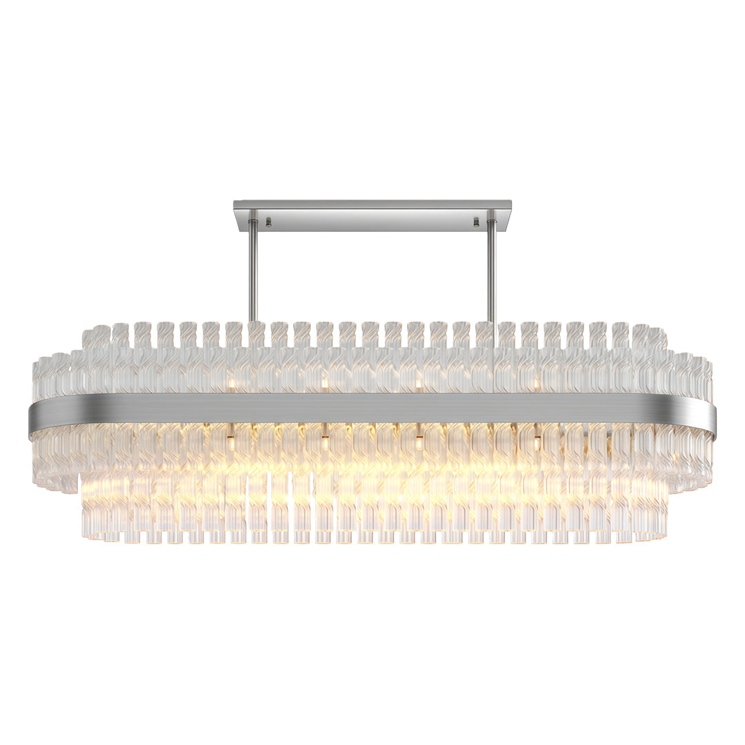Hermione chandelier, symmetrical rows of clear glass rods above and below the metal band