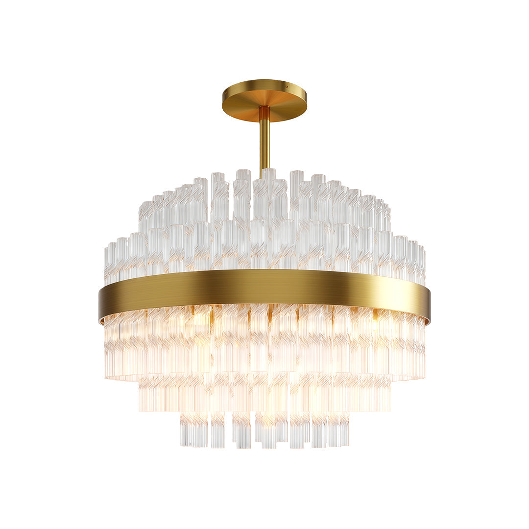 Hermione chandelier in brass, clear glass rods in stepped rows above and below the metal band
